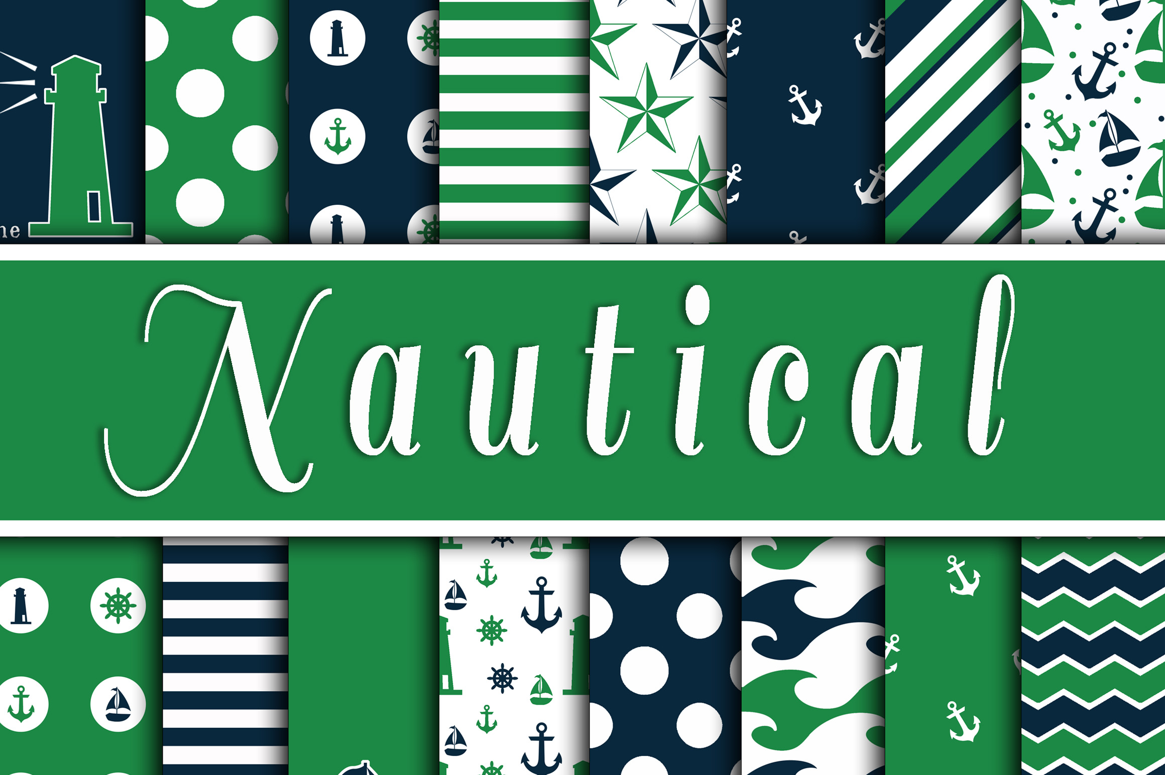 Set Sail with Green and Navy Nautical Designs Digital Paper