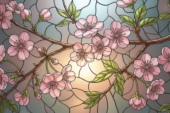 The Art of Stained Glass Cherry Blossoms Sunset