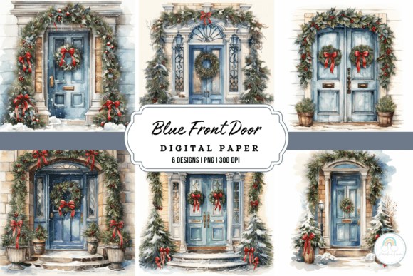 Watercolor Christmas Blue Front Door: Your Holiday Design Asset