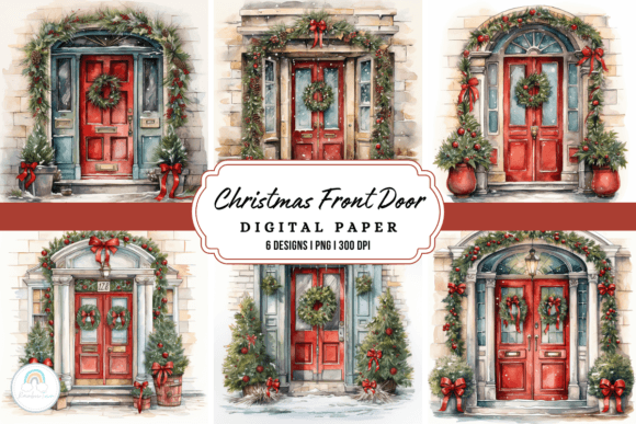 Watercolor Christmas Front Door: A Festive Design Asset